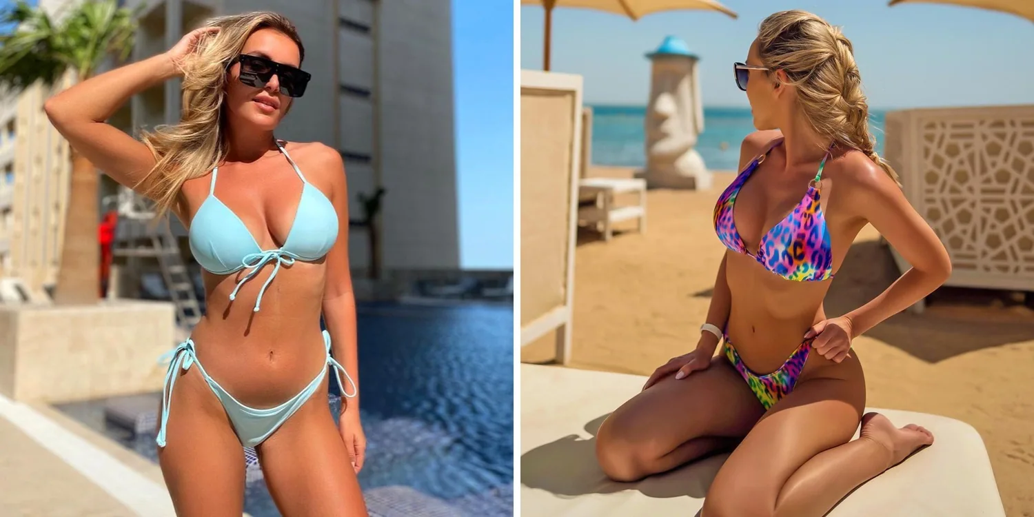 Two RELLECIGA bikinis photographed poolside and on sand