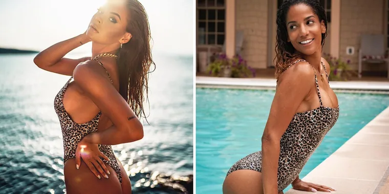 Two leopard-print RELLECIGA one pieces by the water