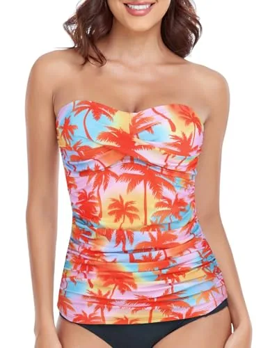 Tummy Control Bandeau Tankini, Orange (orange coconut tree)