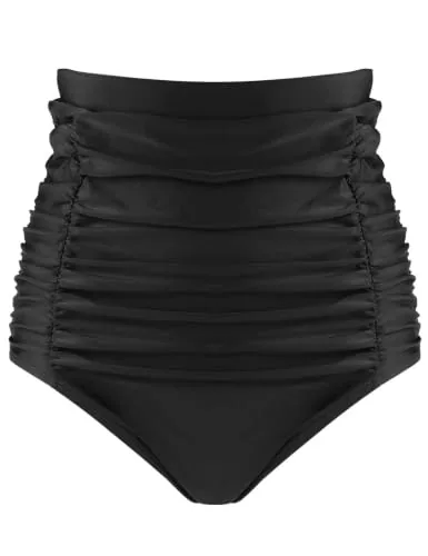 High Waisted Ruched Bikini Bottom, Black