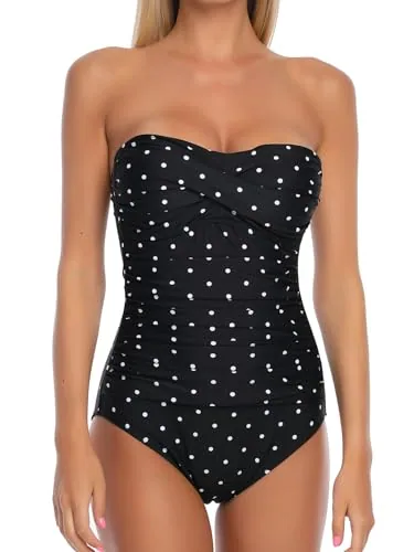 Tummy Control Strapless One Piece, Black (black polka dot)