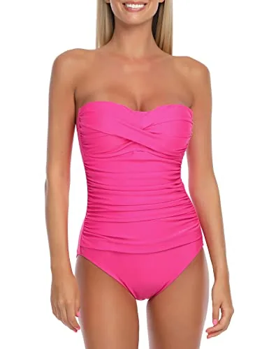 Tummy Control Bandeau One Piece, Neon Rose