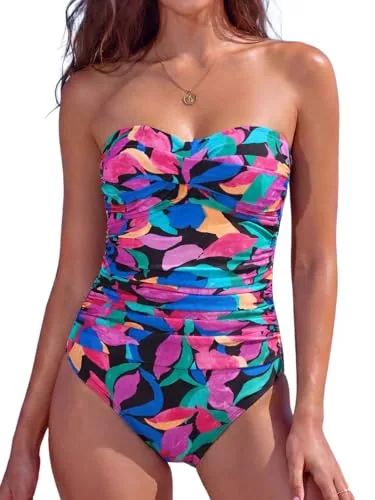 Tummy Control Strapless One Piece, Colorful Leaves