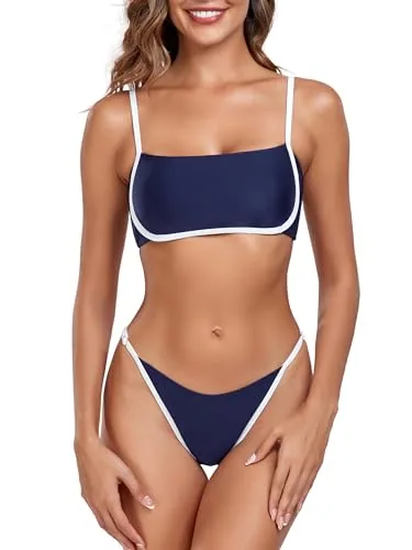 High Cut Bandeau Bikini Set, Navy