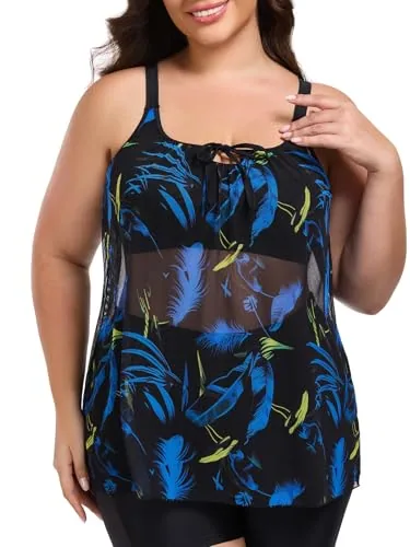 Tummy Control Mesh Tankini, Feather Print