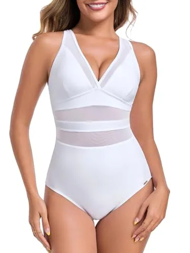Tummy Control V Neck One Piece, White